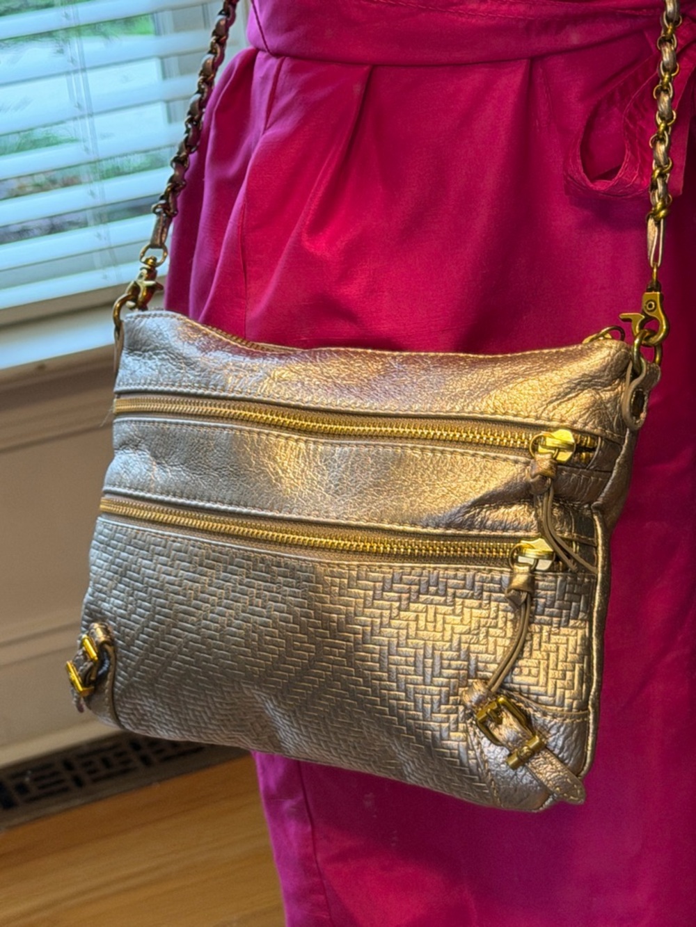 Elliott Lucca vintage boho metallic leather crossbody silver/gold zip (VGUC)